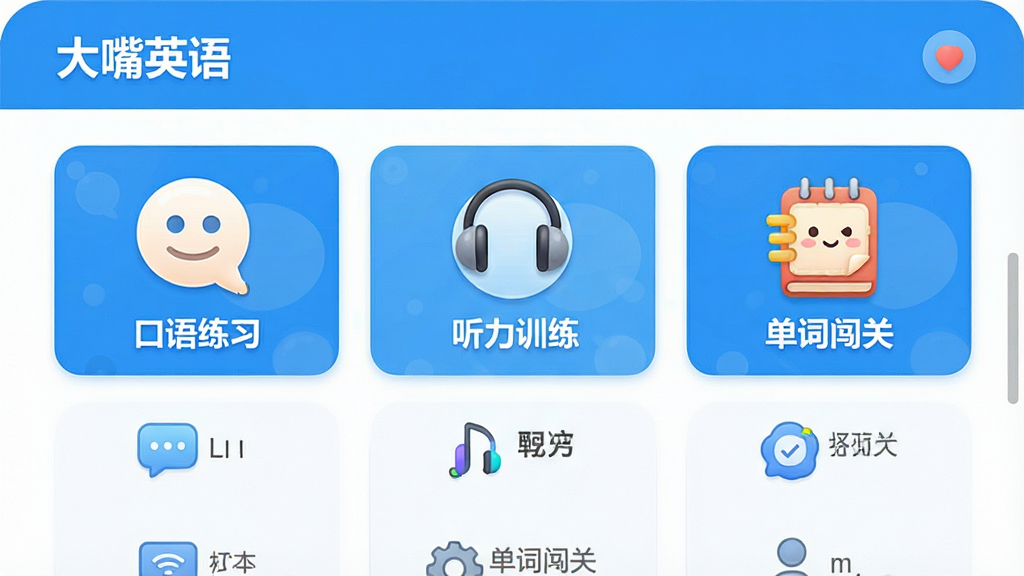 一张展示大嘴英语软件主界面的高清截图,界面包含“口语练习”、“听力训练”、“单词闯关”等核心功能模块,整体风格清新明亮,以蓝色和白色为主色调,图标圆润可爱,布局简洁有序,画质清晰,干净无多余元素。