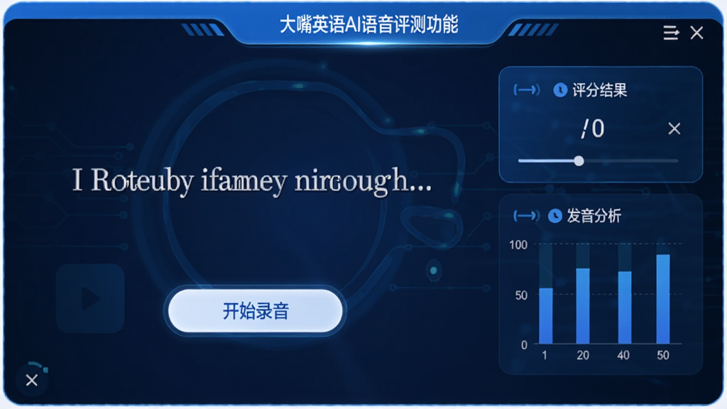 大嘴英语AI语音评测功能界面预览图,屏幕中央显示一句英文例句,下方有“开始录音”按钮,右侧展示评分结果与发音分析图表,界面采用蓝白配色,科技感强,画质干净,无多余元素。
