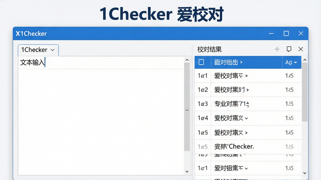一张1Checker软件主界面的高清预览图,界面采用简洁的白色与蓝色搭配,左侧为文本输入区,右侧为校对结果列表,背景干净,整体风格现代清爽,画质细腻,无多余元素,主界面上方显示“1Checker 爱校对”字样,整体布局清晰直观,突出软件的专业性与易用性。