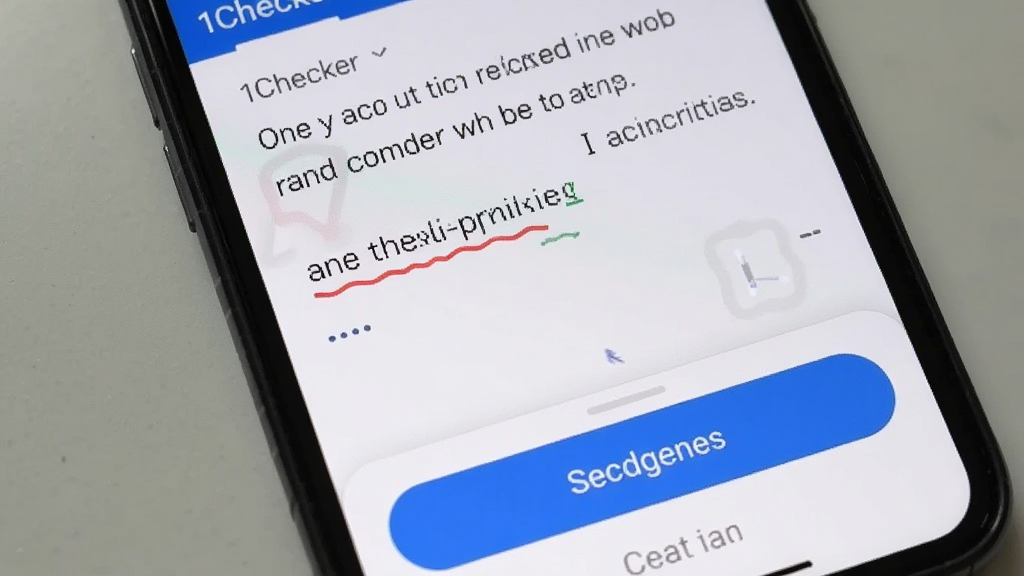 一张展示1Checker在手机上的运行截图,手机屏幕中显示文本校对界面,错误单词下方有红色波浪线,底部弹出修改建议按钮,手机背景为浅灰色桌面,整体风格真实自然,画质清晰,无多余元素,图片中带有“1Checker”字样,突出移动端使用的便捷性。