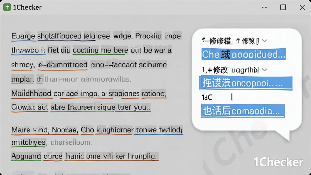 一张特写1Checker校对过程的界面截图,界面中英文混合文本被彩色下划线标记,右侧弹出修改建议气泡,蓝色高亮显示修改后的正确词语,背景为淡灰色,整体风格简洁明亮,画质清晰,无多余元素,图片中带有“1Checker”软件名称水印,突出智能纠错的核心功能。