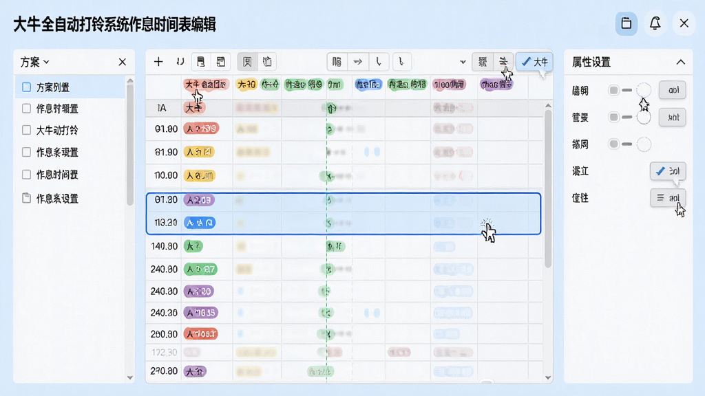 主体:大牛全自动打铃系统的作息时间表编辑界面。布局:中央是周视图表格,左侧为方案列表,右侧为属性设置面板。排版:表格行高适中,时间点用彩色标签区分。风格:清爽简洁,淡蓝色背景。细节:鼠标悬停显示编辑按钮,当前选中时段有蓝色边框。画质:清晰,干净,无多余元素。