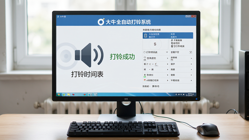 主体:大牛全自动打铃系统在电脑端运行的实拍照片,显示扬声器图标和打铃时间表。布局:电脑屏幕居中,周围有键盘鼠标。排版:屏幕内容清晰可辨。风格:真实场景,自然光。细节:屏幕显示
