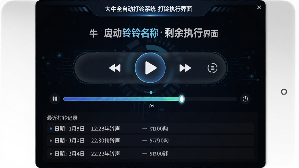 主体:大牛全自动打铃系统的打铃执行界面,显示当前播放的铃声名称和剩余时间。布局:中央为大型播放控制按钮,下方为最近打铃记录列表。排版:信息层级分明,重要数据用大号字体突出。风格:深色背景,科技感十足。细节:播放进度条显示动画效果,打铃记录包含日期、时间和铃声名称。画质:高清,干净,无多余元素。