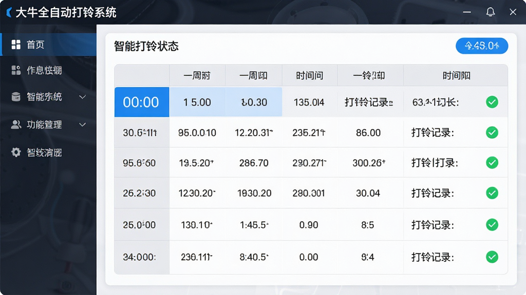 主体:大牛全自动打铃系统软件主界面,显示一周作息时间表和智能打铃状态。布局:左侧为功能导航栏,右侧为时间表编辑区,顶部为软件名称