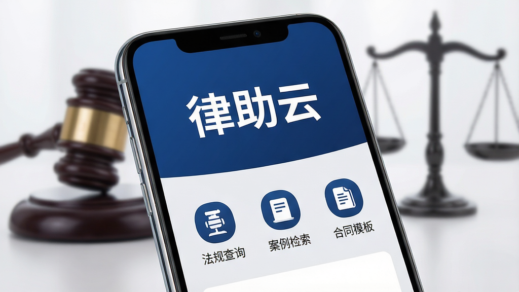 主体:一部智能手机屏幕显示律助云APP界面,界面风格简洁专业,主色调为深蓝色与白色。布局:屏幕中央显示“律助云”三个大字,下方排列法规查询、案例检索、合同模板等图标。排版:图标整齐排列,文字清晰,背景为浅灰色渐变。风格:扁平化设计,现代科技感,干净明亮。细节:手机屏幕边缘有细微反光,背景带有法律元素如法槌、天平的模糊剪影。画质:高清,干净,无多余元素。