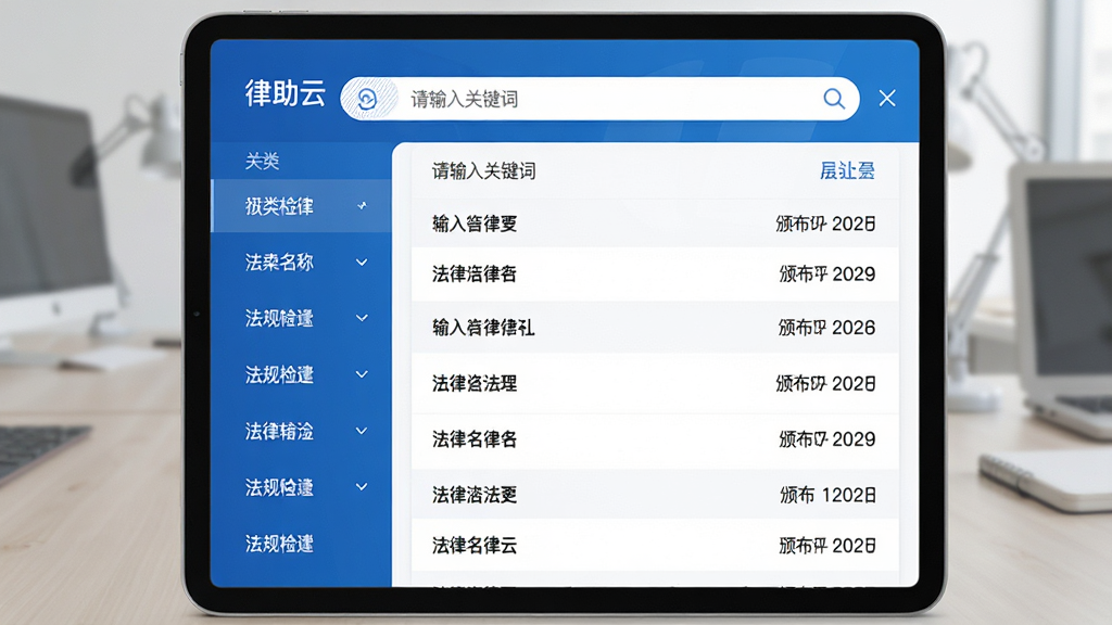 主体:平板电脑展示律助云法规检索页面,页面顶部有搜索框,下方列表显示法律名称。布局:左侧为分类导航栏,右侧为法规列表,整体排版清晰。风格:商务简约,蓝色主题色。细节:搜索框内有“请输入关键词”提示文字,列表项显示法律名称和颁布日期。画质:高清,干净,无多余元素。