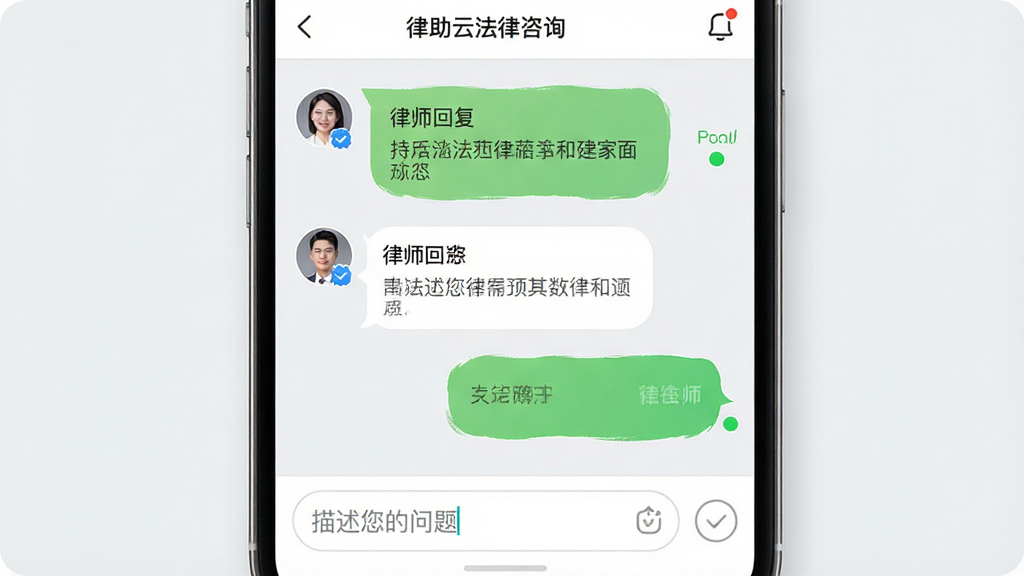 主体:手机屏幕显示律助云法律咨询页面,底部有输入框,上方显示律师回复气泡。布局:对话式界面,背景为浅灰色。风格:清新自然,绿色在线状态标识。细节:输入框内有“描述您的问题”提示,回复气泡带有律师头像和认证标识。画质:高清,干净,无多余元素。