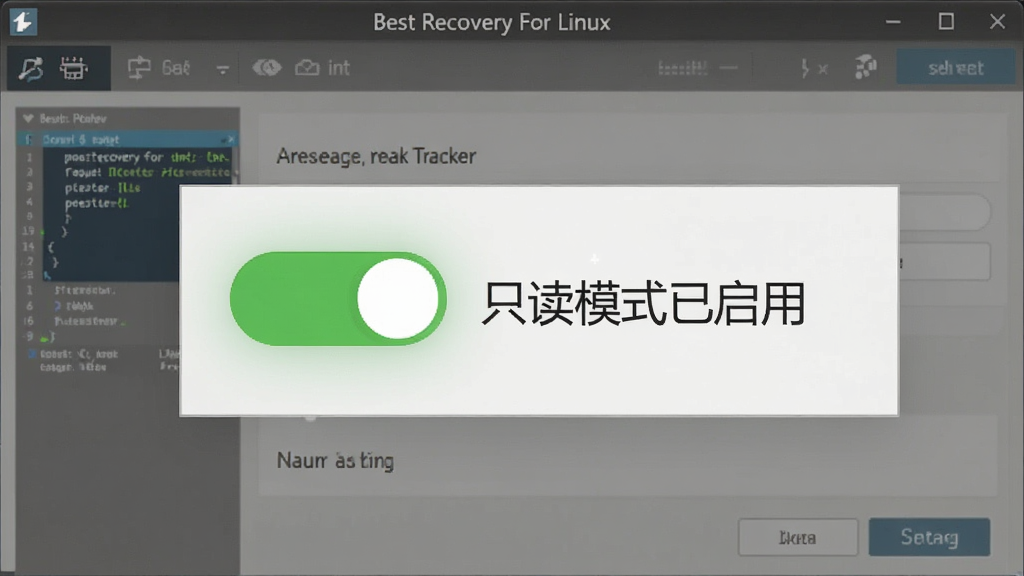 展示Best Recovery For Linux设置界面中只读模式开启状态,一个明显的开关按钮置于开启位置,旁边有文字说明“只读模式已启用”,背景为软件设置页面,风格简洁,画质清晰