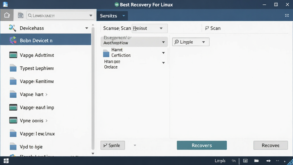 一张展示Best Recovery For Linux软件主界面的高清截图,界面布局清晰,左侧为设备列表,右侧为扫描结果预览,包含文件类型筛选和恢复按钮,整体风格简洁专业,配色以深蓝色和白色为主,画质清晰干净无多余元素