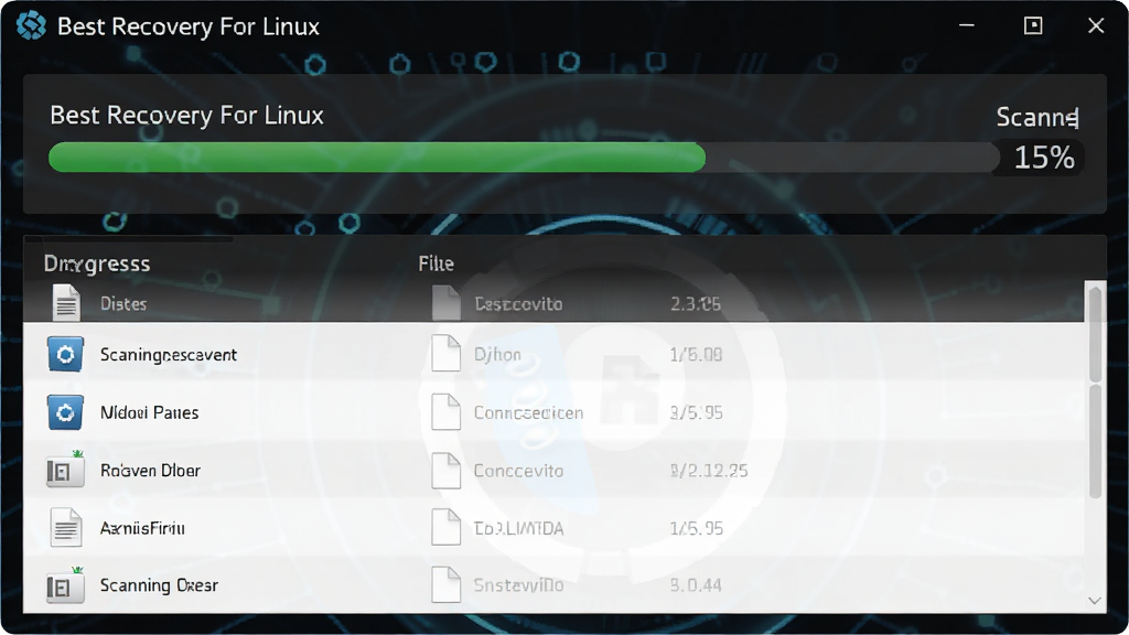 展示Best Recovery For Linux深度扫描过程的界面,进度条显示扫描百分比,下方实时列出已发现的文件列表,文件图标和名称清晰可见,背景为深色科技感界面,突出扫描引擎的强大,画质清晰干净
