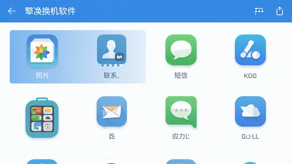 换机软件功能界面,展示数据分类列表,包含照片、联系人、短信、应用等图标,界面设计简洁现代,蓝色主色调,图标排列整齐,布局清晰,风格扁平化,细节精致,画质高清,干净无多余元素