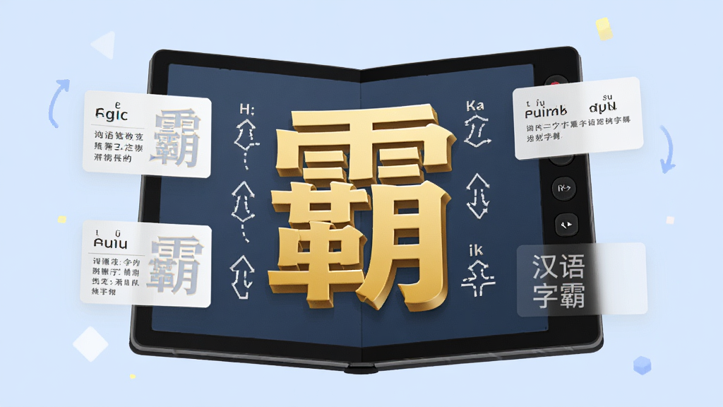 主视觉画面,一本翻开的现代电子词典悬浮在干净浅蓝色背景中央,屏幕中显示一个巨大的立体金色汉字“霸”,周围环绕着拼音、笔顺箭头和释义卡片,整体布局简洁大气,扁平化设计风格,细节丰富,画质干净,无多余元素,图片中文字为“汉语字霸”