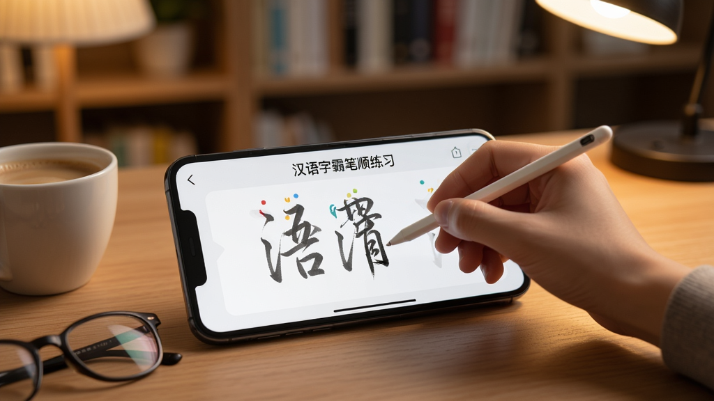 一部智能手机横屏放置在木质桌面上,屏幕显示“汉语字霸”的笔顺练习界面,手指正用触控笔在屏幕上书写,旁边放着一杯咖啡和眼镜,背景是模糊的书架,浅景深效果,暖色调灯光,写实摄影风格,画质干净,无多余元素,图片中文字为“汉语字霸笔顺练习”