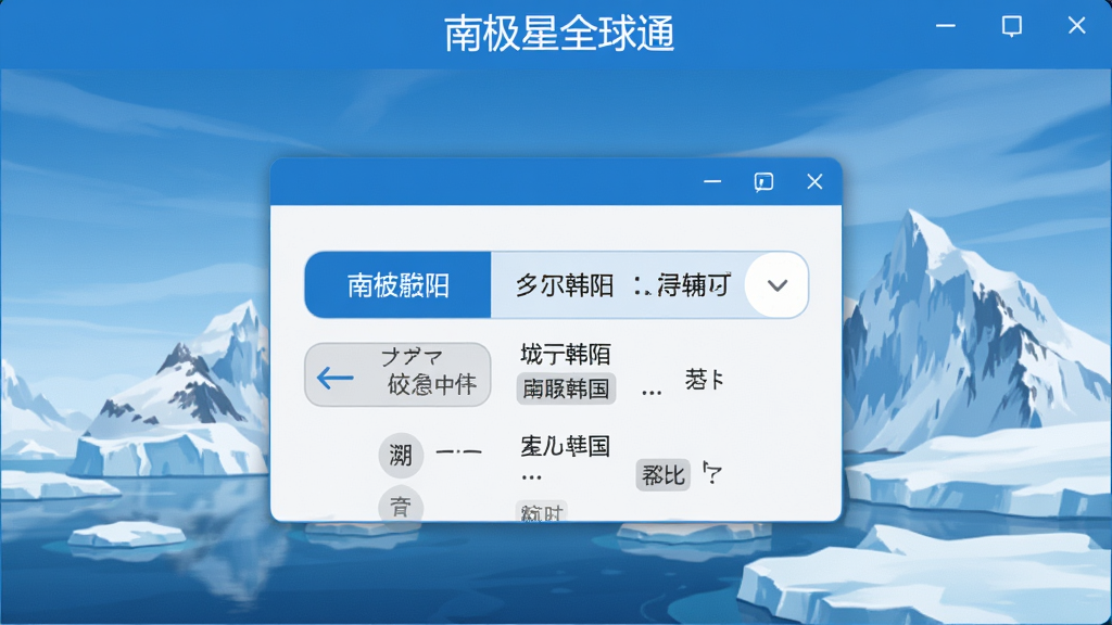 南极星全球通主界面预览图,显示中日韩三种文字输入法切换窗口,界面简洁清晰,现代感设计,蓝色主色调,布局整洁,软件名称“南极星全球通”在窗口顶部居中显示,画质高清干净,无多余元素