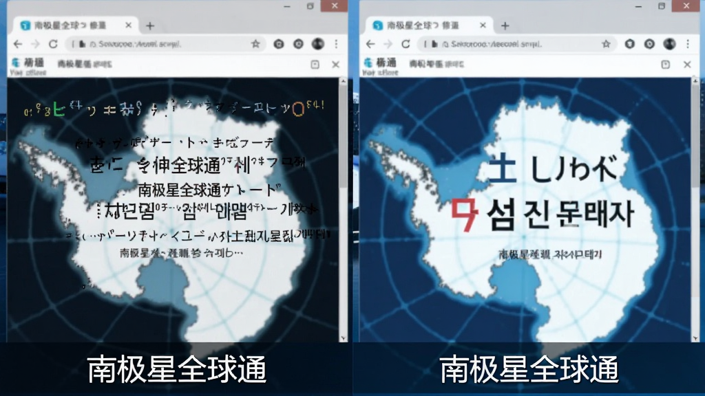 南极星全球通乱码修复前后对比图,左侧显示乱码符号,右侧显示清晰日文和韩文,背景为浏览器窗口,软件界面简洁,对比明显,画质清晰,标注“南极星全球通”字样