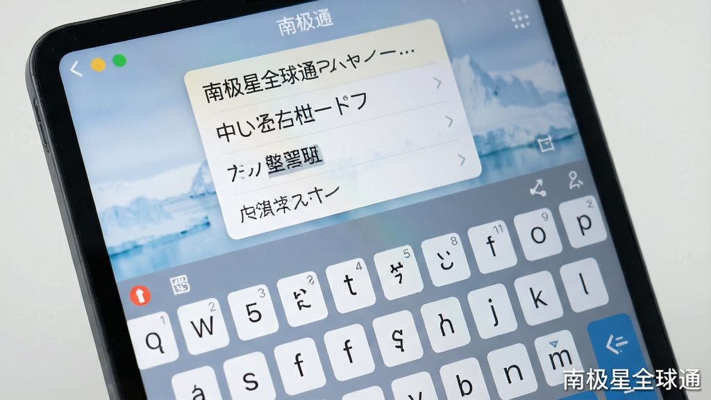南极星全球通输入法切换演示,键盘特写,屏幕上显示中日韩三种语言候选词列表,界面友好,色彩柔和,布局清晰,软件名称“南极星全球通”水印在角落,画质干净无杂物