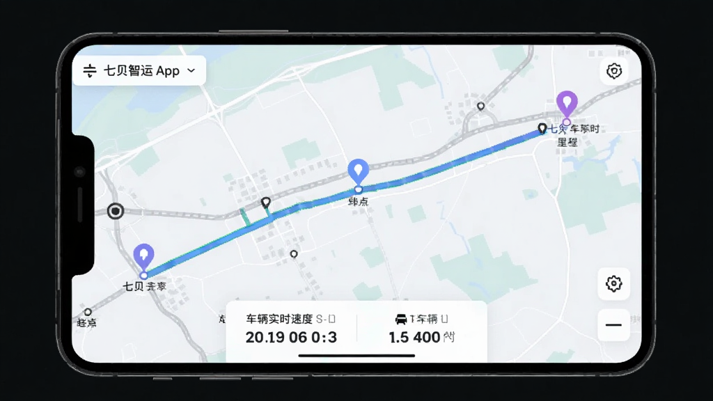 �߱�����App�켣׷�ٹ���չʾ����ͼ����ʾһ������㵽�յ�Ĳ�ɫ��ʻ�켣�ߣ�;��������б�ǵ㣬��Ļ�·��г���ʵʱ�ٶ���������ݣ��������Լ����ͼ��ɫ��ͣ�����ɾ��޶���Ԫ��