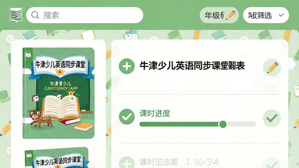 ��������Ϊ��ţ���ٶ�Ӣ��ͬ�����á�APP�Ŀγ��б�ҳ�������ʾ�̲ķ�������ͼ���Ҳ��Ӧ��ǰ��Ԫ�����ƺͿ�ʱ����������������������꼶ɸѡ��ǩ�������������������ҷ���ʽ������Ϊǳ��ɫ�����Ϊ���½����磬����Ԫ�ذ����鱾��Ǧ�ʡ��Թ�ͼ�꣬���ʸ��壬�ɾ����ࡣ