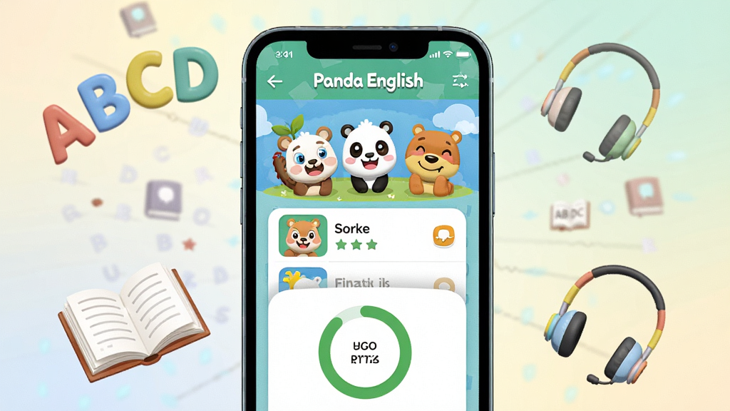 一张展示Panda English软件核心界面的高清数字插图,画面中央是一部亮屏的智能手机,屏幕内显示色彩鲜艳的英语学习主界面,包含卡通动物角色、课程列表和进度环,手机周围漂浮着字母ABCD和书本、耳机等学习元素,背景是柔和的渐变色,整体风格明亮活泼,排版干净,画质清晰,无多余元素