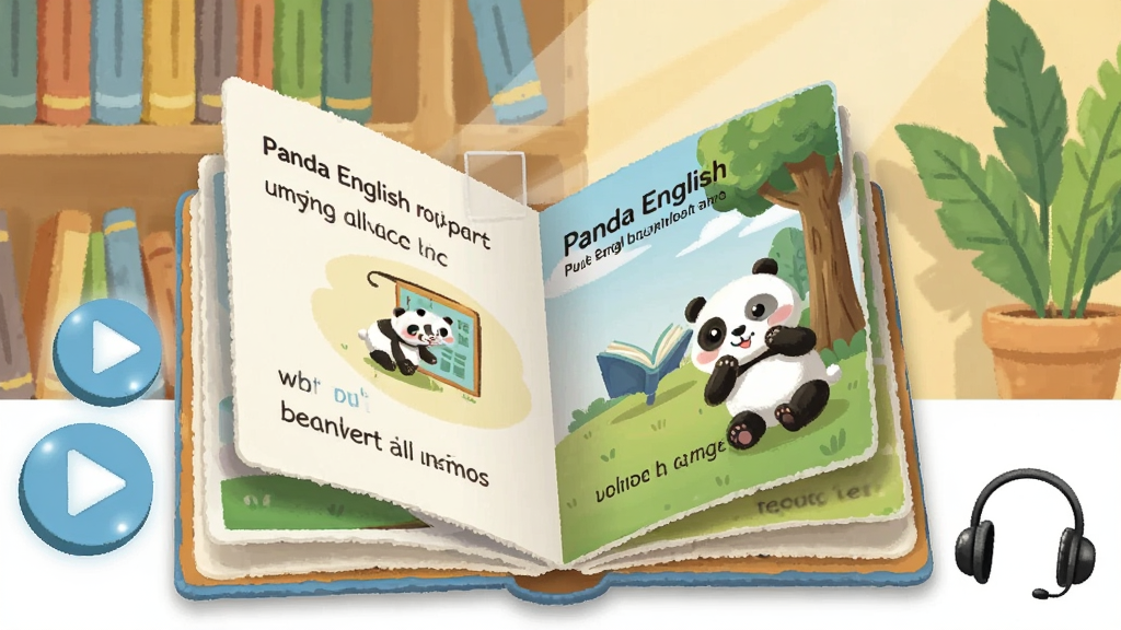 一张展示Panda English分级绘本阅读功能的插画,画面主体是一本打开的立体电子书,书页上显示着色彩丰富的卡通插图和英文句子,旁边有一个播放按钮和耳机图标,背景是书架和绿植,整体风格温馨,排版有层次感,画质细腻,无多余元素