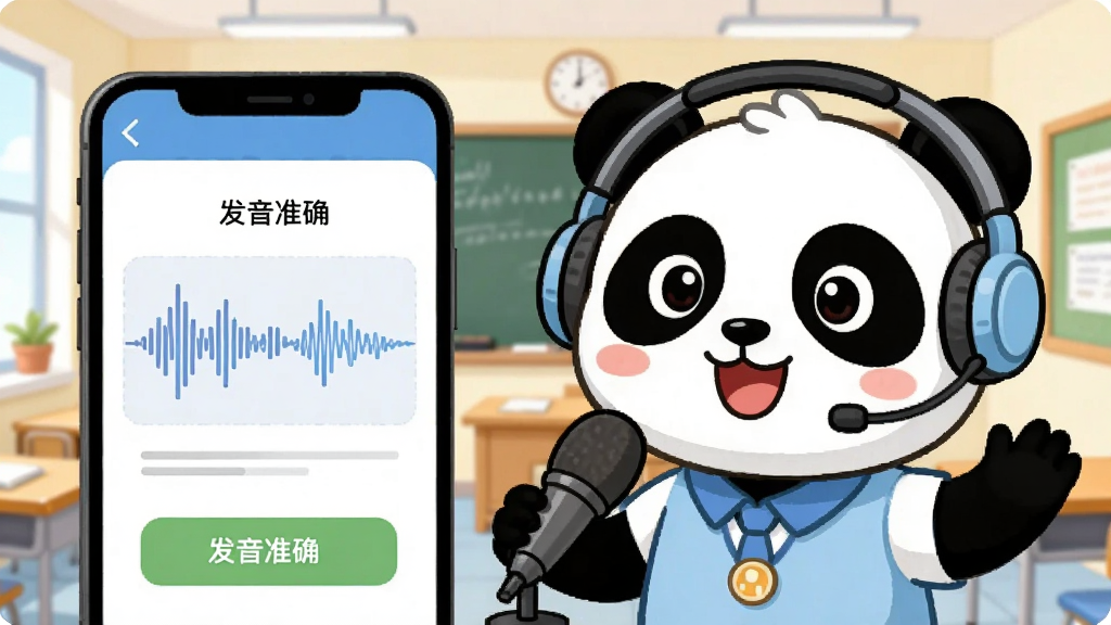 一张展示Panda English AI口语陪练功能的界面截图风格插画,画面主体是一个可爱的熊猫老师卡通形象,戴着耳机,对着一个麦克风,旁边是手机界面,界面上显示波形图和“发音准确”字样,背景是明亮的教室场景,布局清晰,风格活泼可爱,画质干净,无多余元素