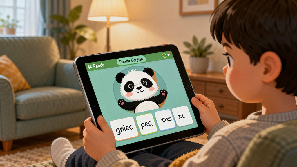一幅描绘Panda English软件使用场景的插画,主体是一个孩子拿着平板电脑在客厅沙发上学习,屏幕上显示熊猫吉祥物和英语单词卡片,周围有沙发、绿植和温暖的灯光,画面温馨,布局合理,风格写实卡通,画质清晰,无多余元素