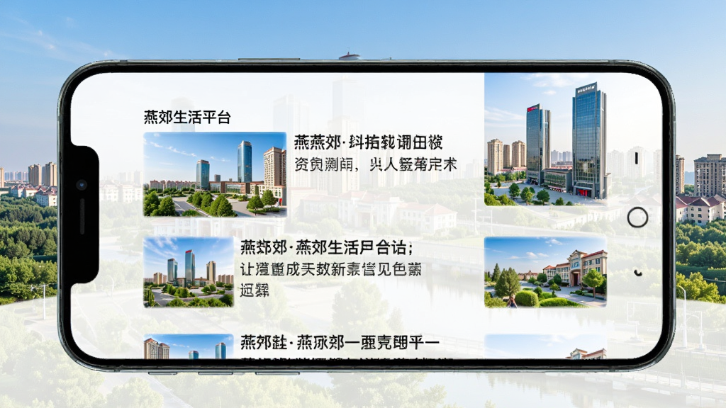 燕郊生活平台资讯页面预览,手机屏幕上显示本地新闻列表,标题清晰,配图精美,背景为燕郊城市风貌,整体风格清新自然,布局合理,画质高清,干净无多余元素。