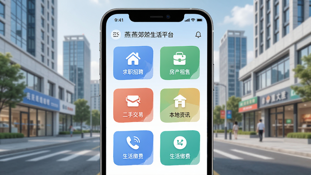 燕郊生活平台主界面展示,手机屏幕内显示首页功能图标,包括求职招聘、房产租售、二手交易、本地资讯、生活缴费等模块,背景为燕郊现代城市街景,整体风格简洁明亮,UI设计现代美观,布局清晰,色彩搭配和谐,画质高清干净,无多余元素。
