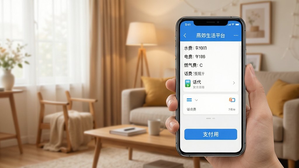燕郊生活平台生活缴费功能演示,手机屏幕显示缴费项目列表,包括水费、电费、燃气费、话费等,界面简洁清晰,支付按钮醒目,背景为温馨居家场景,整体风格舒适实用,画质干净无多余元素。
