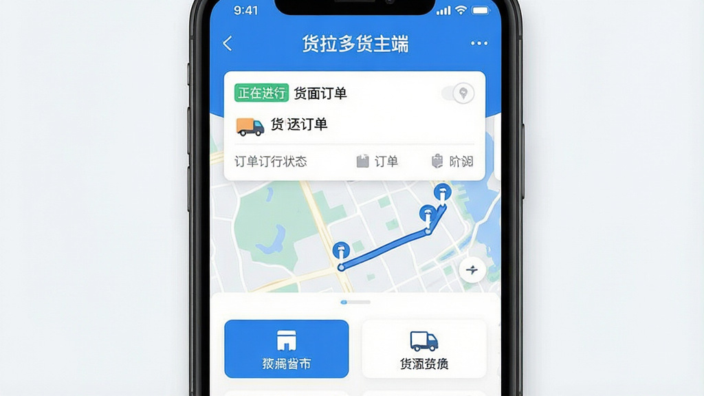 一张手机屏幕特写,屏幕中清晰显示“货拉多货主端”APP主界面,界面风格简洁现代,以蓝色和白色为主色调,上方展示正在进行的货运订单卡片以及地图轨迹,下方为功能按钮。主体是手机与界面,布局居中,排版清晰,风格为扁平化UI设计展示图,细节包括订单状态标签和车辆图标,画质高清,干净无多余元素
