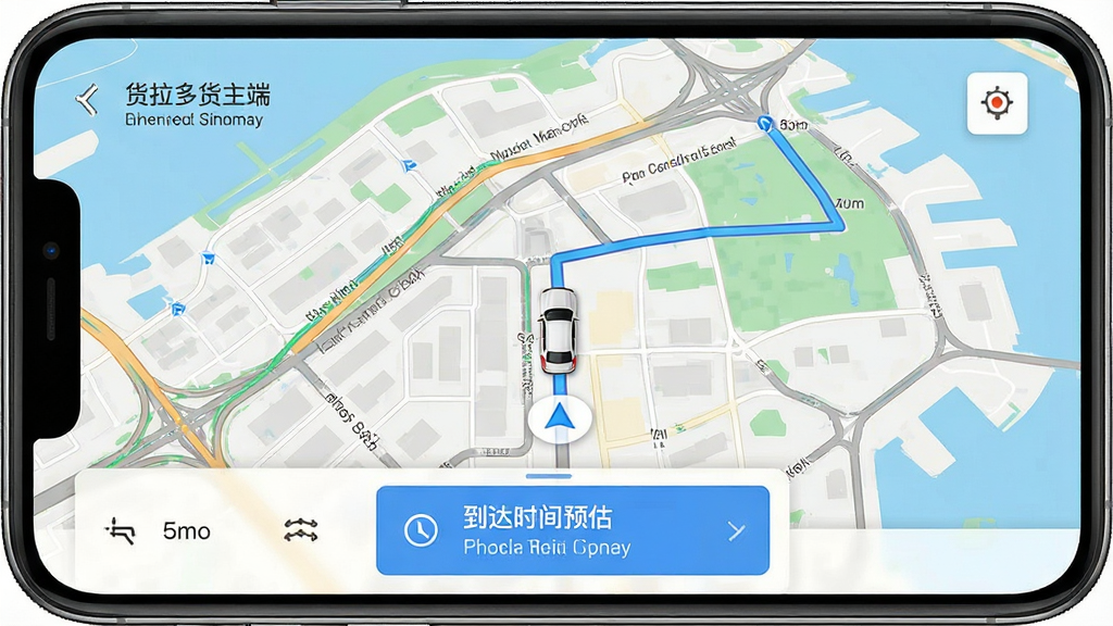 一张手机横屏截图,画面展示“货拉多货主端”的实时导航界面,地图清晰显示车辆位置与推荐路线,底部有到达时间预估卡片。主体是地图导航界面,布局饱满,排版专业,风格为写实屏幕截图,细节包括路况线条和导航箭头,画质高清,干净无多余元素