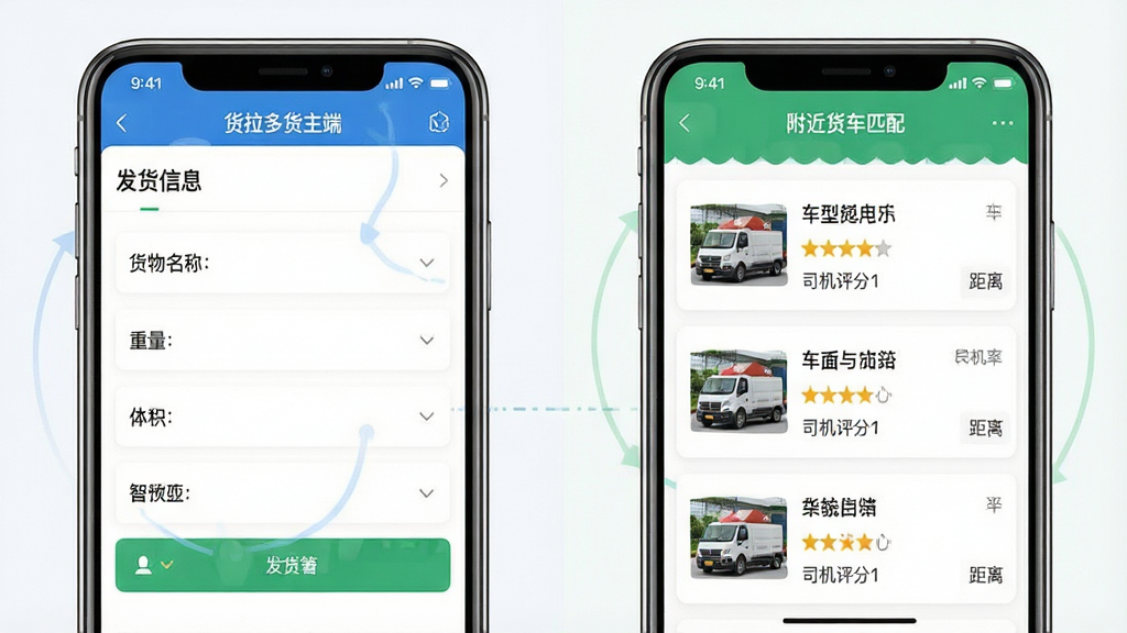 一张分屏操作演示图,左侧为“货拉多货主端”的发货信息填写页面,包含货物名称、重量、体积等选项,右侧为系统智能匹配到的附近货车列表,每辆车显示车型、司机评分与距离。主体是APP界面截图拼接,布局为左右对比,排版整洁,风格写实,细节突出智能匹配的速度与效率,画质清晰,干净无多余元素
