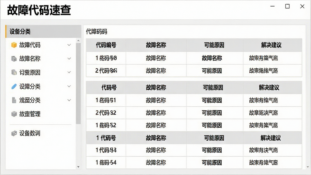 一张展示故障代码速查软件数据库界面的示意图,界面左侧是设备分类列表,右侧显示对应的故障码条目,每条代码以表格形式展示,包含代码编号、故障名称、可能原因和解决建议,整体色调为白色与浅灰色,布局整齐,视觉清晰,带有“故障代码速查”文字标识,画质干净,无多余元素