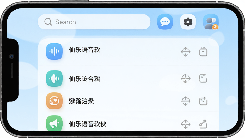 仙乐语音软件主界面展示,手机屏幕中央显示聊天列表,顶部有搜索框和功能图标,背景为淡蓝色渐变,整体风格简洁明亮,图标圆润,文字清晰,画质干净,无多余元素