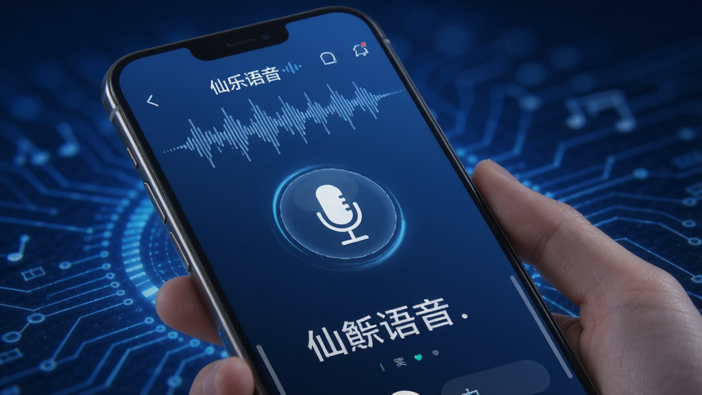 仙乐语音智能语音助手功能展示,手机界面显示语音波形和文字识别结果,背景为科技感蓝色,有麦克风图标,整体风格现代,突出“仙乐语音”品牌,画质清晰