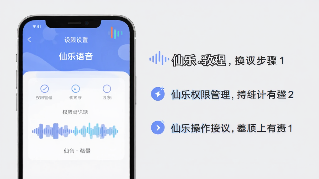 仙乐语音使用教程示意图,手机屏幕显示设置界面,有权限管理选项,旁边有操作步骤文字说明,背景为浅灰色,整体简洁,突出“仙乐语音”品牌,画质干净