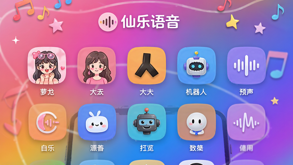 仙乐语音变声器功能预览,手机界面显示多种音效图标,如萝莉、大叔、机器人等,背景为彩色渐变,活泼有趣,整体设计年轻化,突出“仙乐语音”品牌