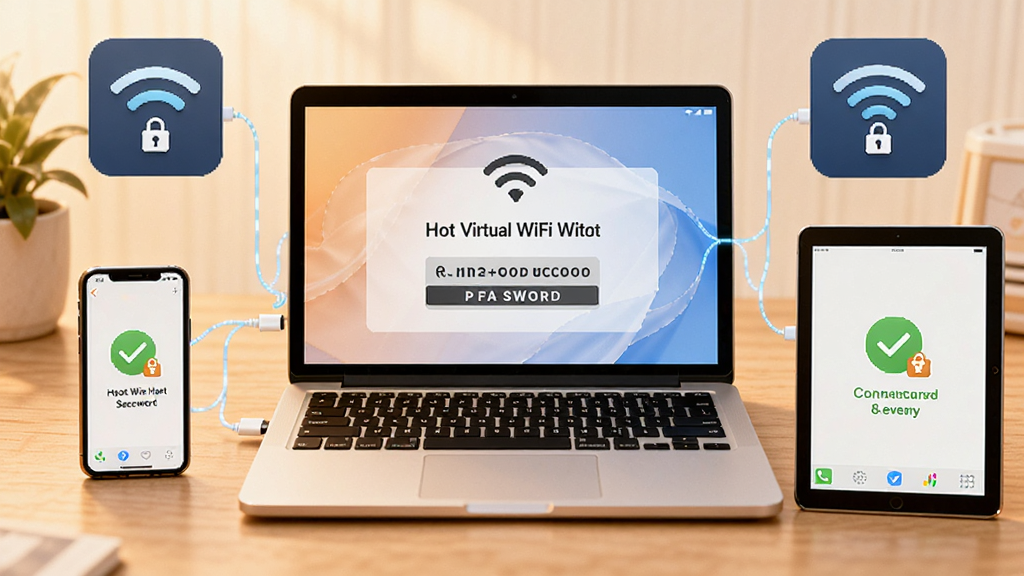 ���壺�ʼǱ����Կ�������WiFi�ȵ�ĳ������ֻ���ƽ�����ӳɹ������֣�������Ļ��ʾ�ȵ����ƺ����룬��Χ�豸��ʾ���ӳɹ�״̬���Ű棺�豸ͼ�껷�Ƶ������С������ܰʵ�ã��Ƽ��С�ϸ�ڣ�WiFi�ź�ͼ������α�ʶ�����ʣ����壬�ɾ����޶���Ԫ�ء�