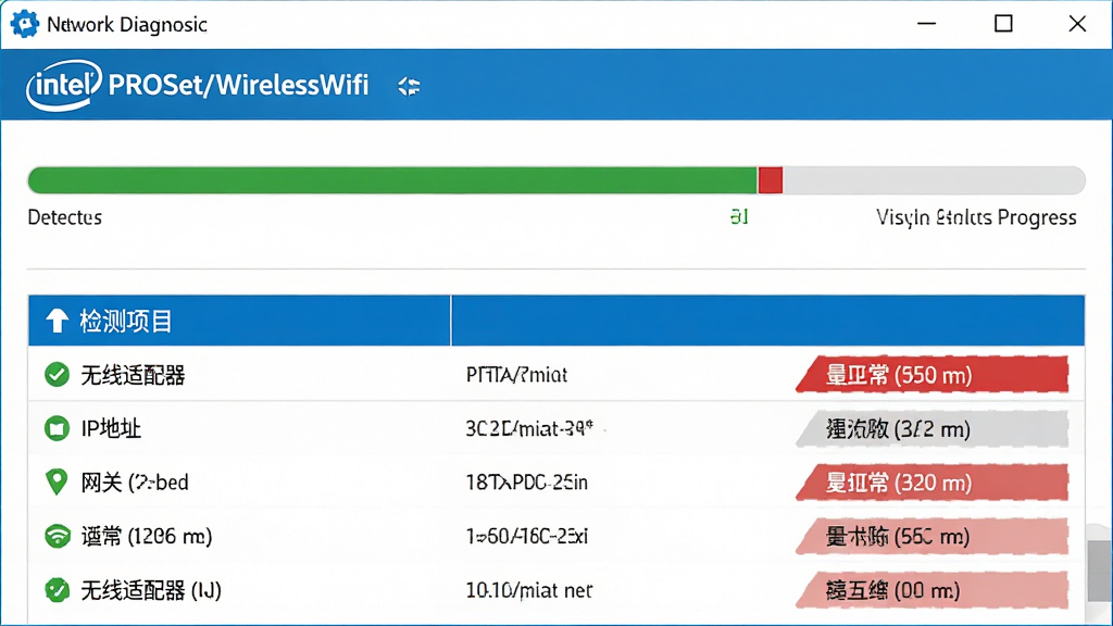 ���壺Ӣ�ض�Intel PROSet/����Wifi������������Ͻ��棬��ʾ�����Ⱥͽ�������֣���������Ϊ��Ͻ��������·��г������Ű棺�������ͼ�����������С���񣺼��רҵ����ɫ��ʾ��������ɫ��ʾ�쳣��ϸ�ڣ���������������������������IP��ַ���������ء��ȡ����ʣ����壬�ɾ����޶���Ԫ�ء�
