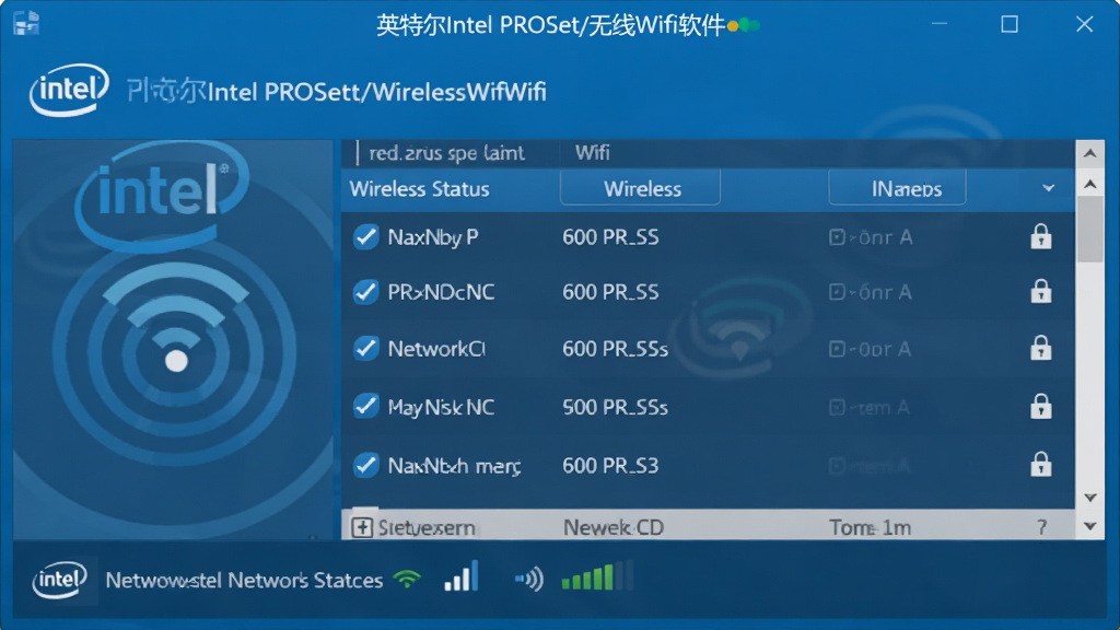 ���壺Ӣ�ض�Intel PROSet/����Wifi�����Ľ����ͼ��չʾ�����ں����������б������֣�������У��Ϸ�Ϊ�������ơ�Ӣ�ض�Intel PROSet/����Wifi���������·�Ϊ��������״̬���ź�ǿ��ͼ�ꡣ�Ű棺������࣬���ܰ�ť�������롣����ִ��Ƽ��У���ɫ��Ϊ����ϸ�ڣ������źŲ��ơ������б����м�������ʶ�����ʣ����壬�ɾ����޶���Ԫ�ء�