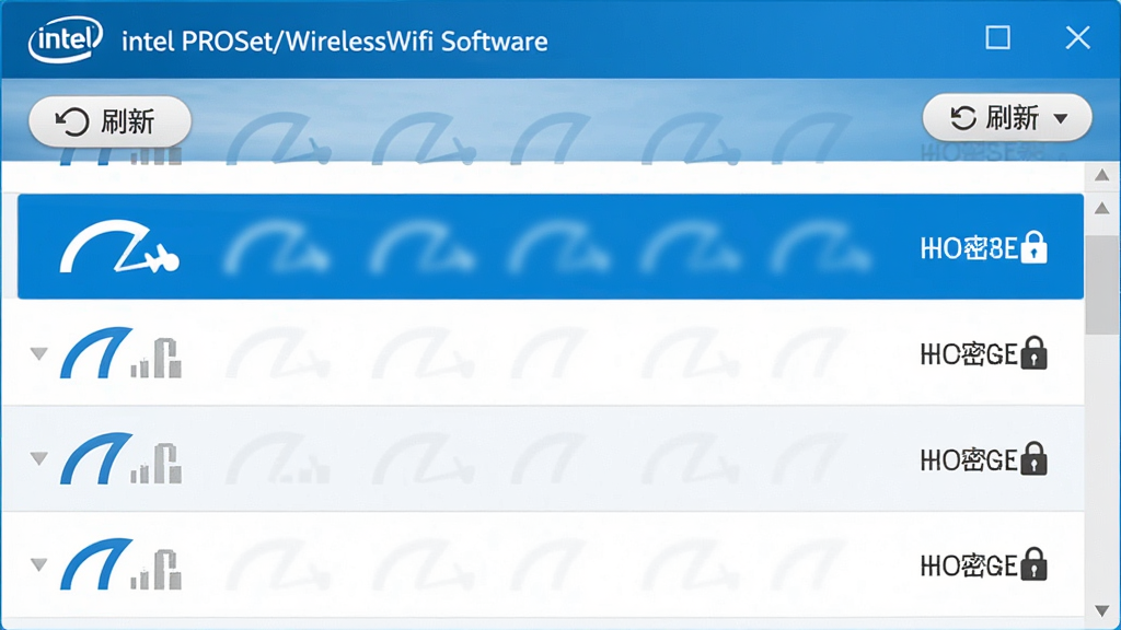 ���壺Ӣ�ض�Intel PROSet/����Wifi��������������������棬��ʾ���WiFi�ź��б������֣��ź��б����б���ʽ���У�ÿ���źŴ����ź�ǿ��ͼ��ͼ��ܱ�ʶ���Ű棺�б������������С�ˢ�¡���ť����񣺼����������ɫ������ʾ��ǰ���ӡ�ϸ�ڣ��ź�ǿ���û���ͼ���ʾ���������������ͼ�ꡣ���ʣ����壬�ɾ����޶���Ԫ�ء�