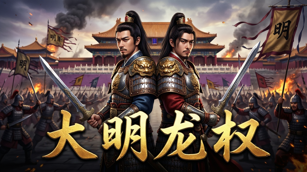 主体:一张充满明朝风格的游戏宣传海报,画面中央是身穿华丽明光铠的男女主角背靠背站立,周围是战火纷飞的紫禁城背景。布局:主角占据画面中央黄金分割点,背景延伸出千军万马交战的宏大场景。排版:画面下方三分之一处有“大明龙权”四个鎏金大字标题,字体为古风书法体。风格:写实武侠风,色彩浓郁,光影对比强烈,突出历史的厚重感与游戏的史诗感。细节:人物铠甲纹理清晰,武器有金属光泽,背景中的烽火狼烟和旗帜细节丰富。画质:8K超高清,电影级画质,干净,无多余元素。
