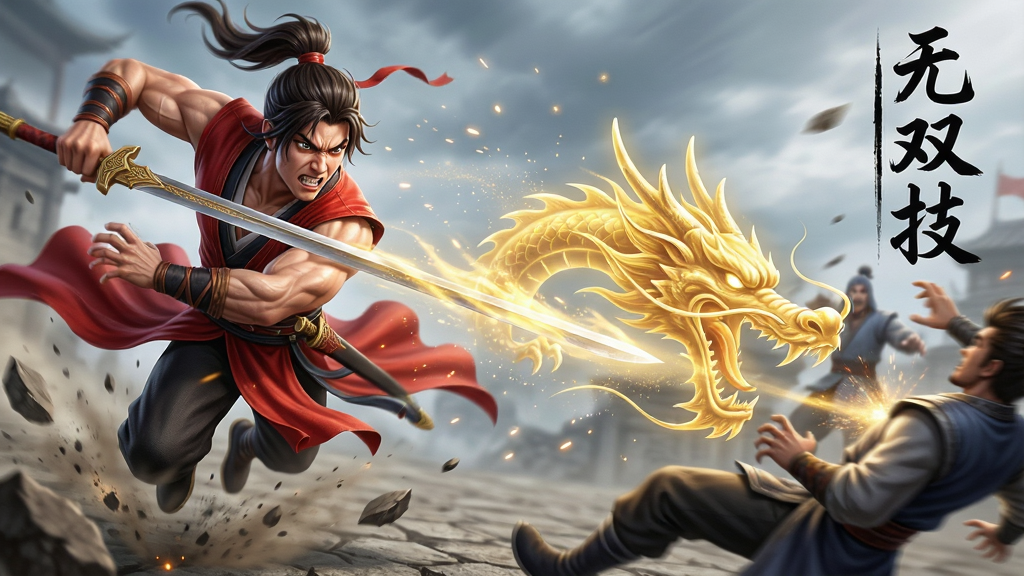 主体:游戏角色施展技能的战斗场面特写,一名红衣侠客正挥舞长剑,释放出金色的剑气龙形特效。布局:侠客位于画面左侧,身体呈前冲姿态,剑气贯穿整个画面,右侧是被击飞的敌人。排版:画面右上角有“无双技”三个竖排书法字。风格:动态捕捉,动作流畅,特效粒子效果精细。细节:人物表情狰狞专注,肌肉线条明显,衣袍被气浪吹起,地面有碎石飞溅。画质:4K高清,动态模糊效果,干净,无多余元素。