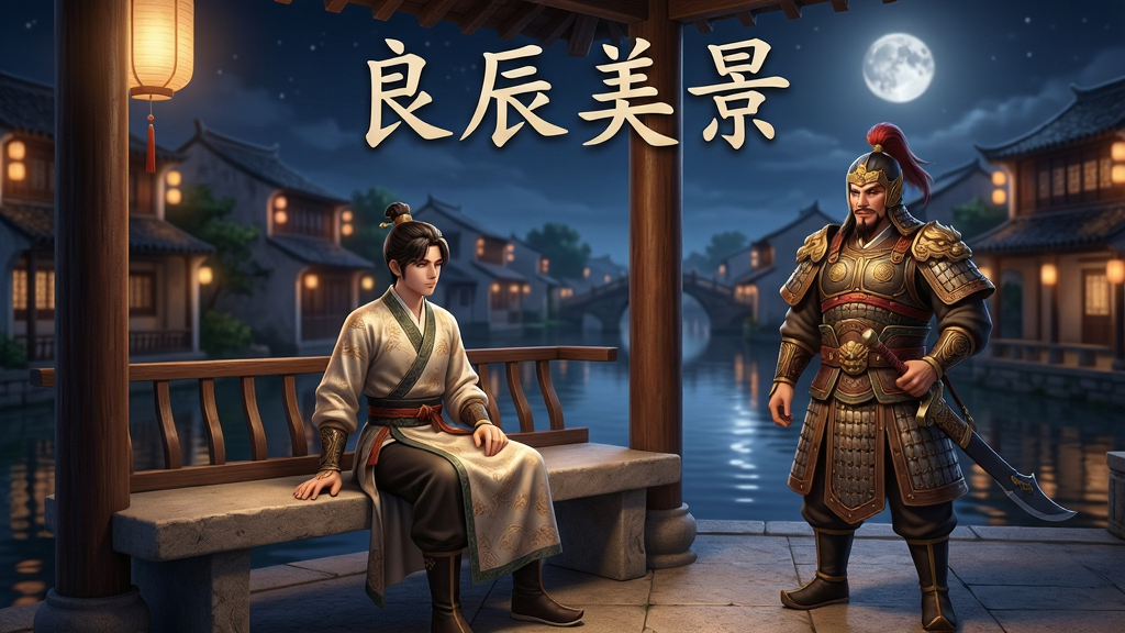 主体:一张温馨的游戏截图,画面中一位玩家角色正与自己的武将伙伴在游戏中的家园里休息。布局:角色坐在凉亭的石凳上,武将站在一旁,背景是江南水乡的夜景。排版:画面上方有“良辰美景”四个字。风格:唯美写实风,暖色调灯光。细节:角色服装的纹理清晰,水面的倒影和月光效果逼真。画质:高清,柔和的光影效果,干净,无多余元素。