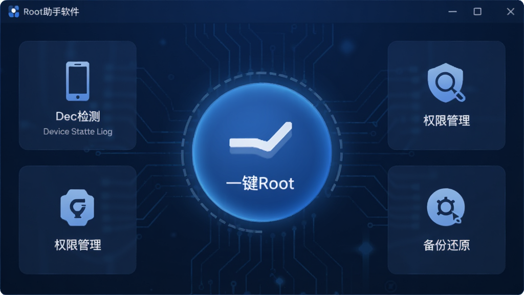 Root助手软件主界面预览图,展示简约的深蓝色科技风格界面,中央大图标显示一键Root按钮,周围有设备状态检测、权限管理、备份还原等模块图标,布局规整清晰,UI设计现代简洁,高画质,干净无多余元素
