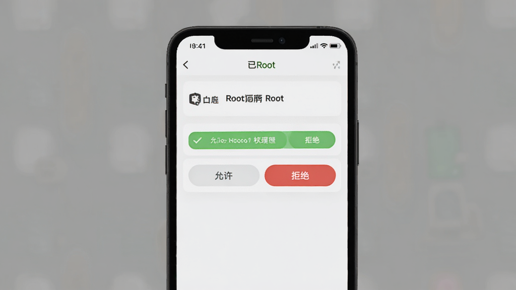 Root助手移动端操作界面,手机屏幕显示Root授权管理列表,有允许和拒绝按钮,上方状态栏显示已Root,背景为浅色系,界面简洁,高画质,干净