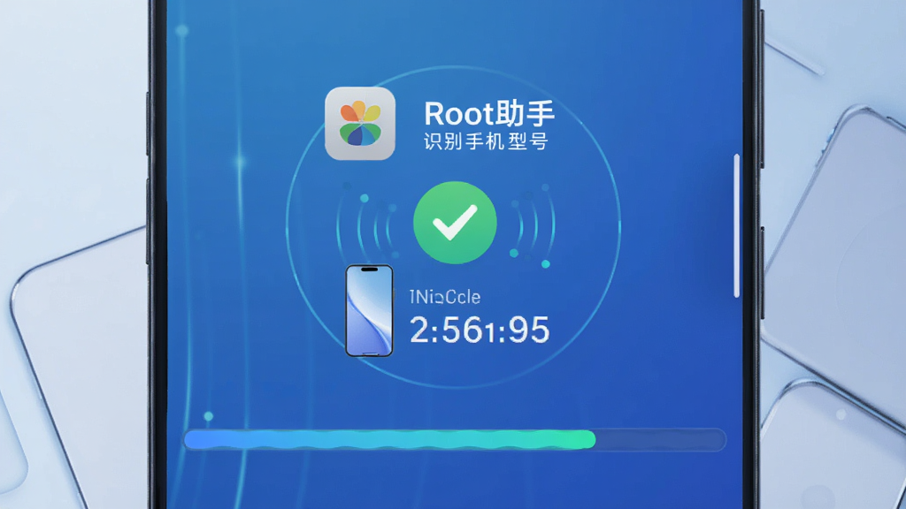 Root助手识别手机型号的界面截图,显示连接成功动画,手机品牌Logo与型号文字清晰标注,背景为渐变蓝色,检测进度条流畅,整体风格科技感强,画面干净,高画质