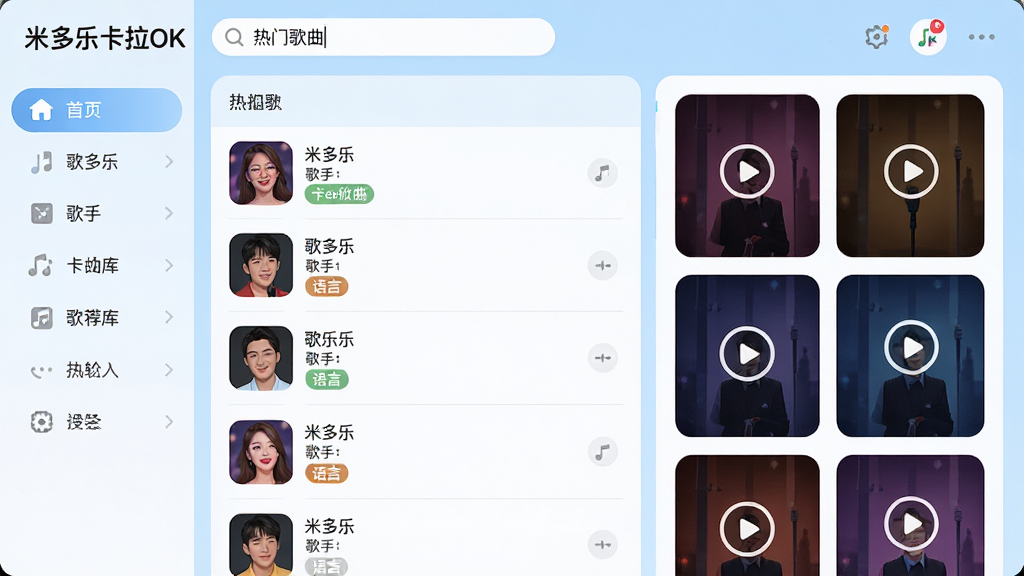 主体:米多乐卡拉OK歌曲库界面截图,以列表形式展示热门歌曲,左侧为分类导航栏,右侧为推荐封面墙。布局:界面采用左右分栏设计,导航栏占比20%,歌曲列表占比80%,封面墙以瀑布流展示。排版:每首歌曲包含歌名、歌手、语言标签,封面图圆角处理,整体排列整齐有序。风格:清新简约的UI设计,背景为淡蓝色渐变,图标线条圆润,文字清晰易读。细节:界面顶部需要显示“米多乐卡拉OK”Logo,搜索框内输入“热门歌曲”,封面图上需有播放按钮悬浮。画质:高清矢量界面,干净无多余元素。