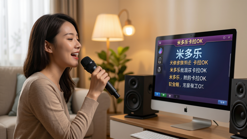 主体:米多乐卡拉OK软件使用场景图,一位用户正对着电脑屏幕演唱,屏幕上显示软件界面,周围有麦克风和音箱。布局:用户位于画面左侧三分之一处,电脑屏幕位于右侧,背景为温馨的家庭客厅。排版:画面以暖色调为主,突出人物与屏幕的互动,屏幕内容清晰可辨。风格:写实摄影风格,自然光线,细节丰富,体现真实使用体验。细节:屏幕中需要出现“米多乐卡拉OK”界面,歌词滚动显示,用户手持麦克风,表情投入。画质:高清,干净无多余元素。